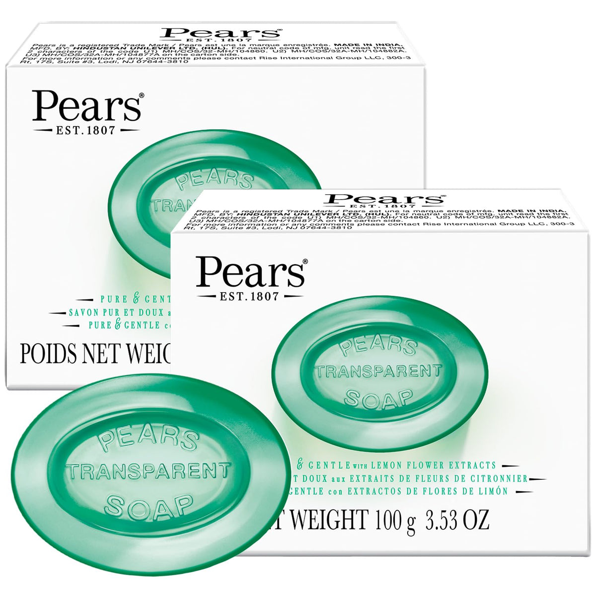 Pears jabon glicerina verde transparente, doble pack, hidratación suave para la piel