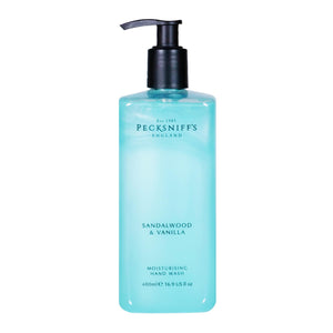 Pecksniff's Jabón líquido de manos en frasco elegante, aroma de sándalo y vainilla para piel suave.