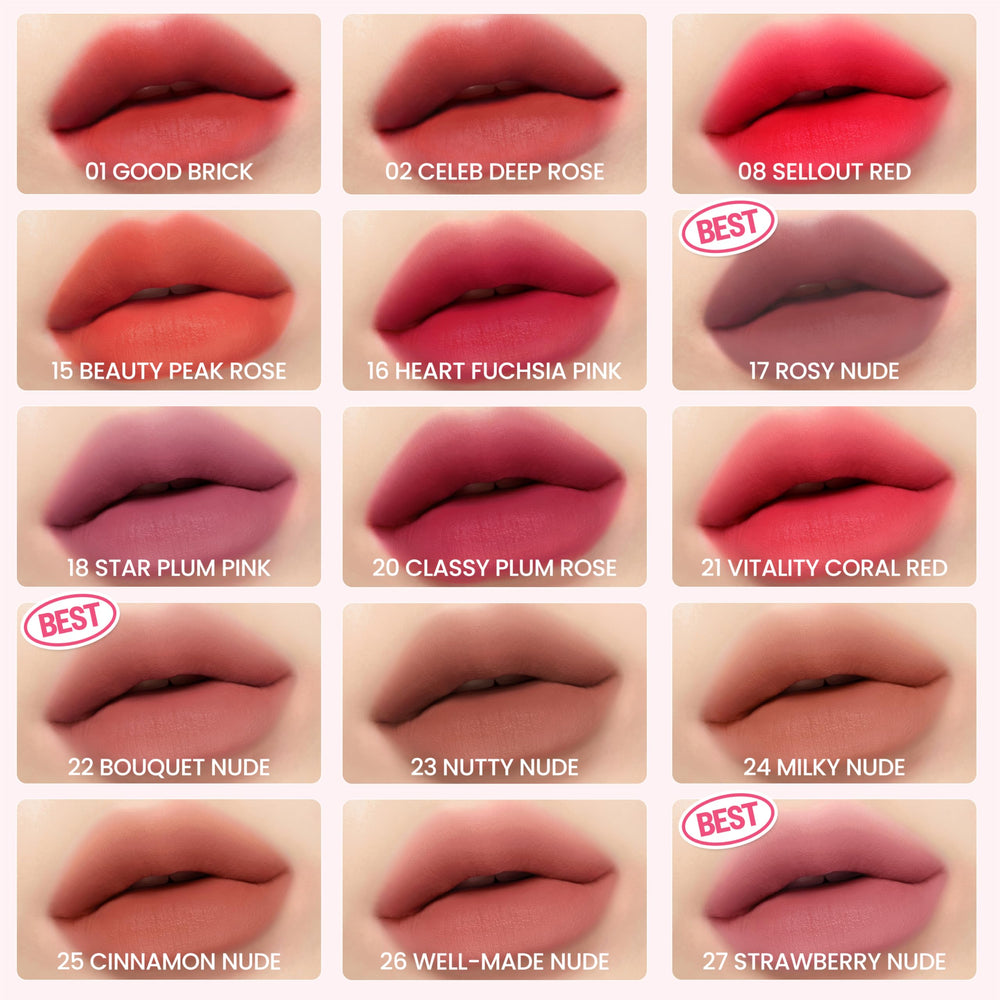 Peripera Ink the Velvet Lip Tint gama de tonos neutros, rosados, coral y rojos.