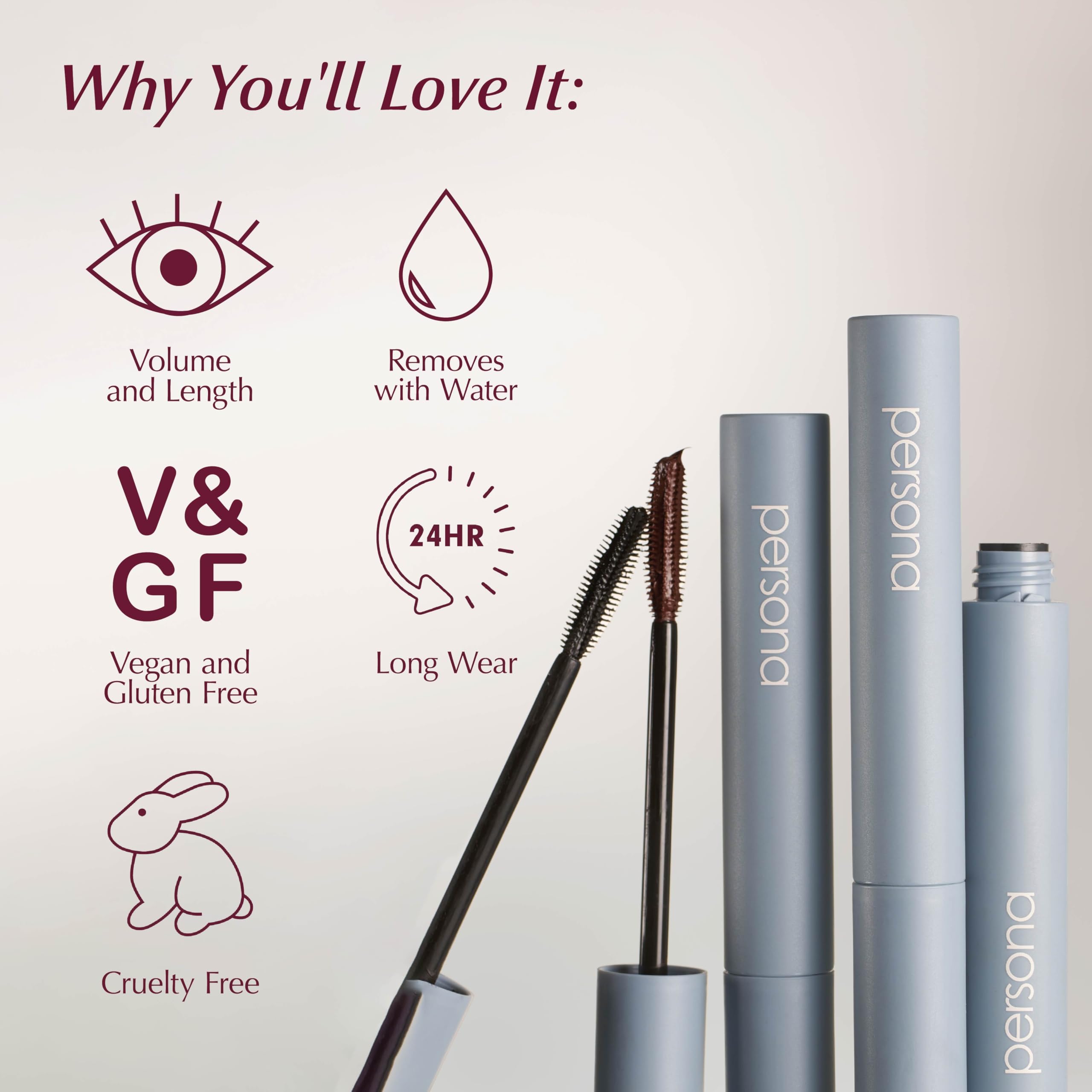 PERSONA Mascara Tubo: remoción fácil con agua tibia.
