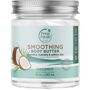Petal Fresh Manteca corporal de coco, botella vertiendo, hidratación profunda para la piel.