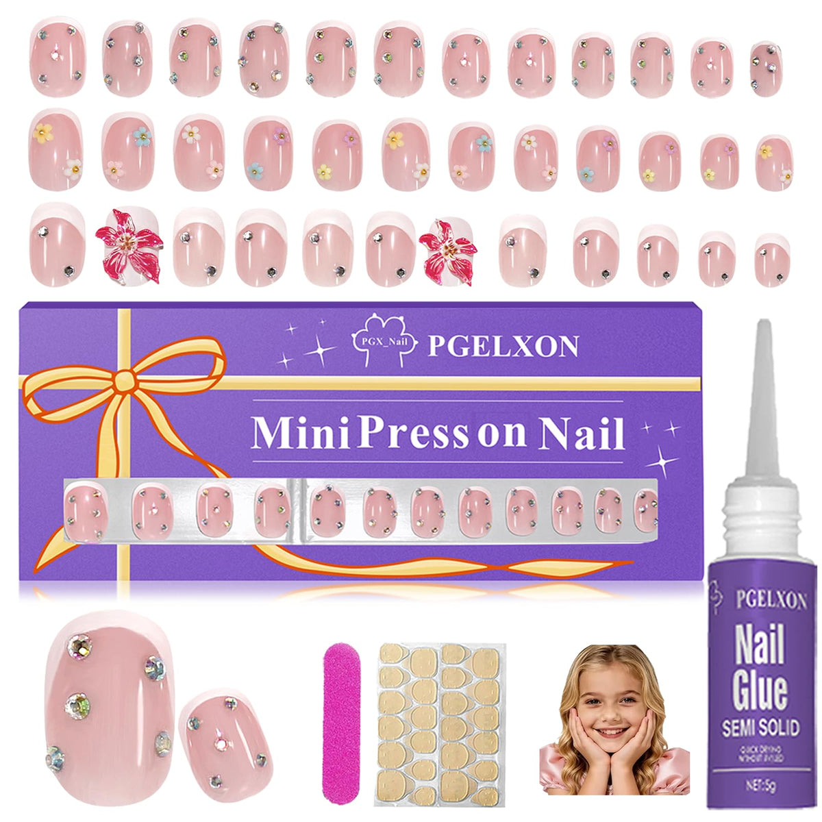 Unas PGELXON Frances tip ovaladas con cristales 3D para niñas