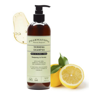 Pharmacopia Verbena Champú, botella visible, aroma cítrico que revitaliza el cabello.