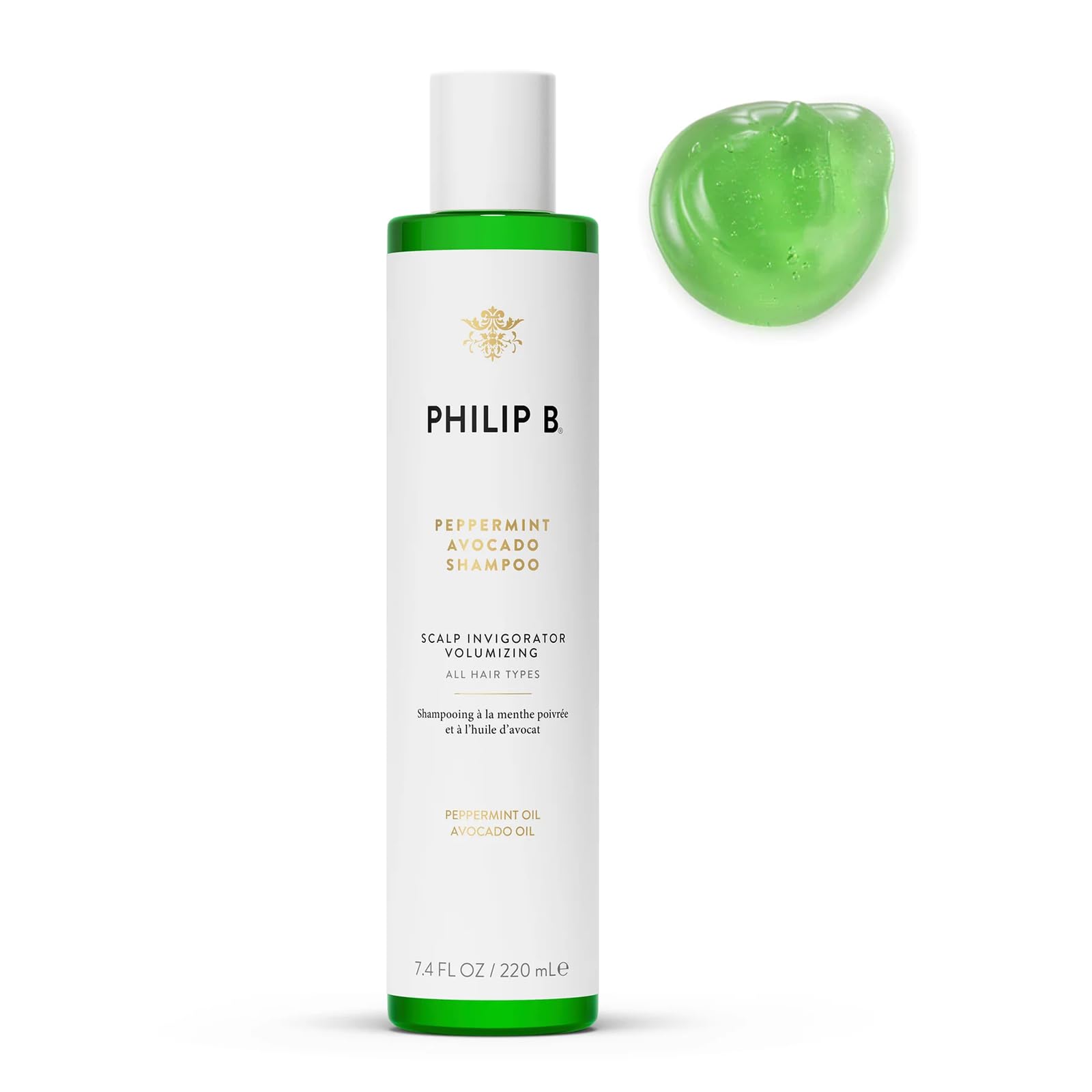 PHILIP B Peppermint Avocado Shampoo, bote: limpieza profunda y frescura en cuero cabelludo.
