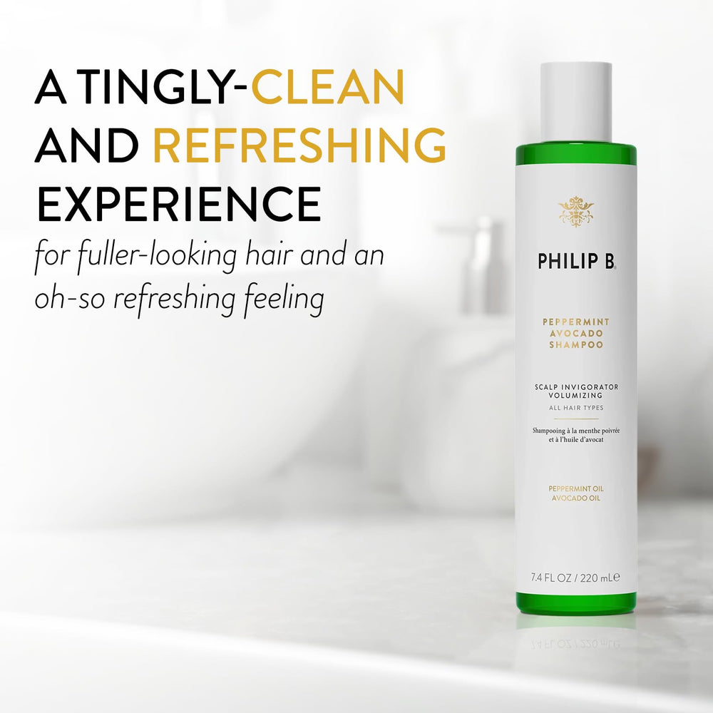 PHILIP B Peppermint Avocado Shampoo, espuma: sensación vigorizante que aporta volumen y cuerpo.