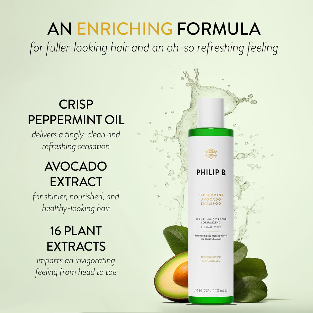 PHILIP B Peppermint Avocado Shampoo, extractos vegetales: cuidado suave para cabellos normales o grasos.