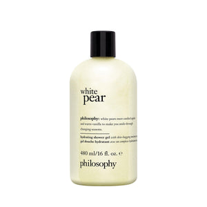 Gel de ducha Philosophy con pera blanca, botella elegante para hidratación suave.