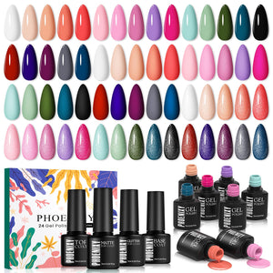 Phoenixy set de esmalte gel 24 piezas en exhibición, paleta completa para uñas.