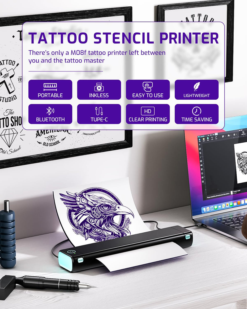 Phomemo M08F impresión sin tinta con tecnología térmica para trazos nítidos.