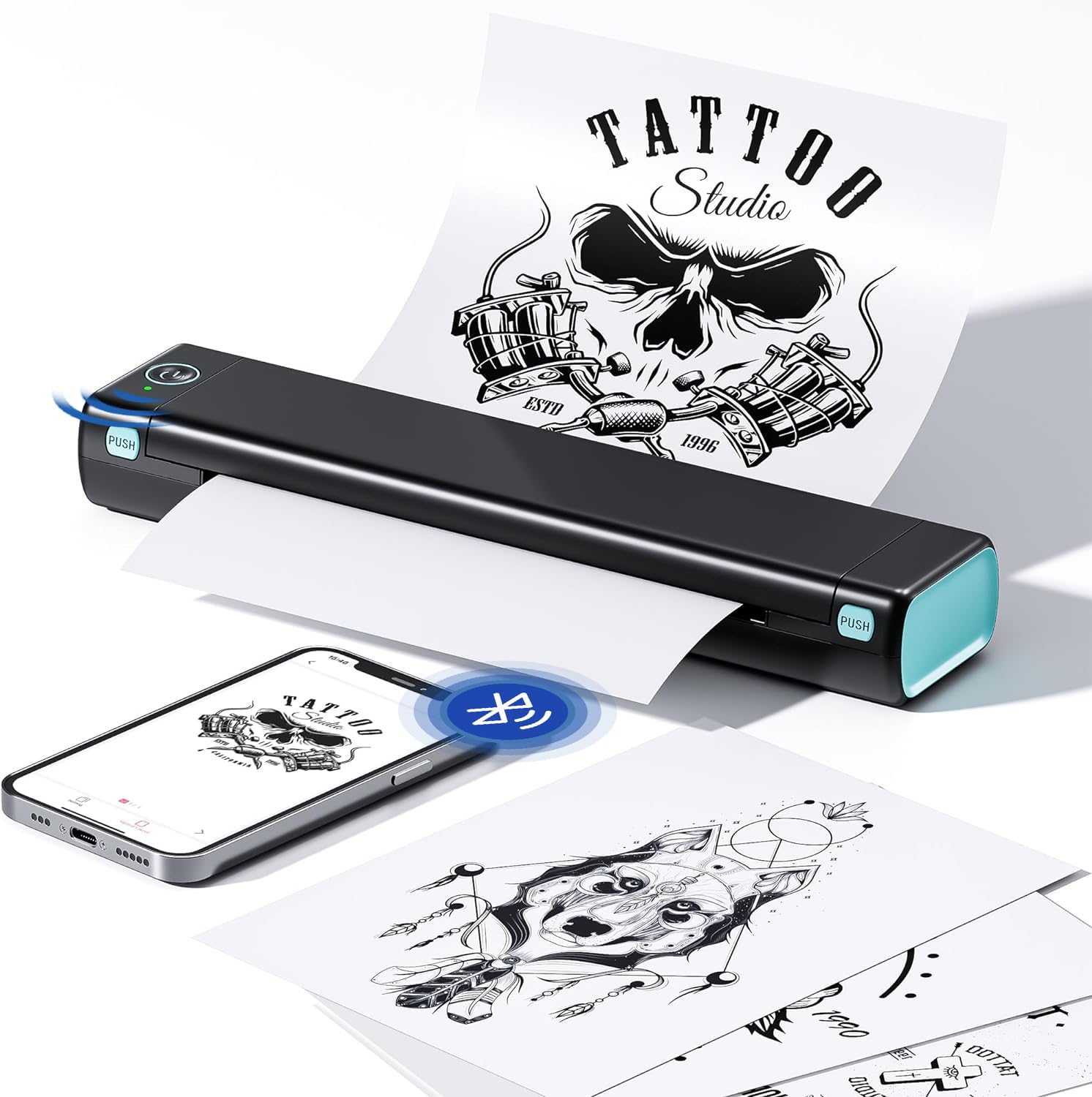 Phomemo M08F imprime moldes de tatuaje con Bluetooth para trabajos móviles.