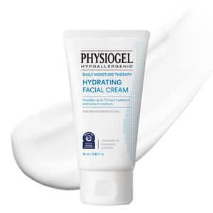 PHYSIOGEL: botella de crema hidratante diaria con beneficio de 72 horas para piel sensible.