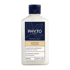 PHYTO NOURISHMENT champú con jojoba, botella visible para hidratación del cabello seco.