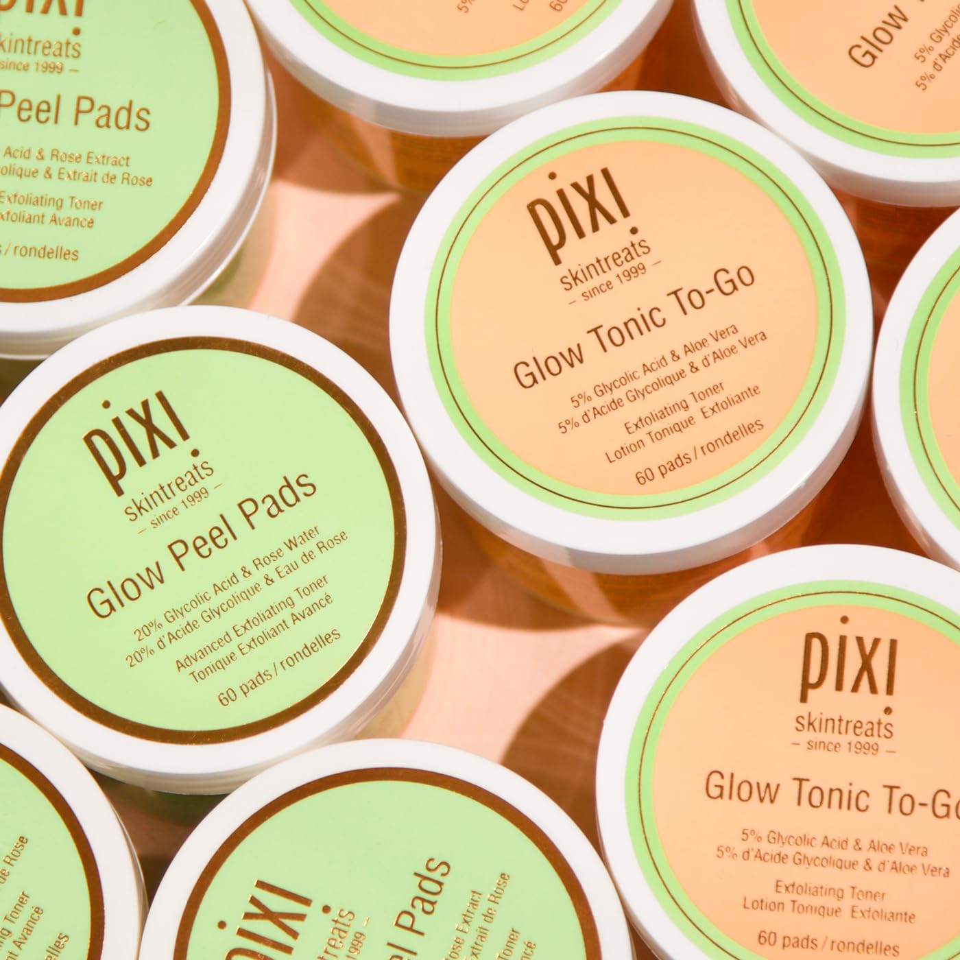 Pixi Glow Peel Pads 20% ácido glicólico para exfoliar suavemente.