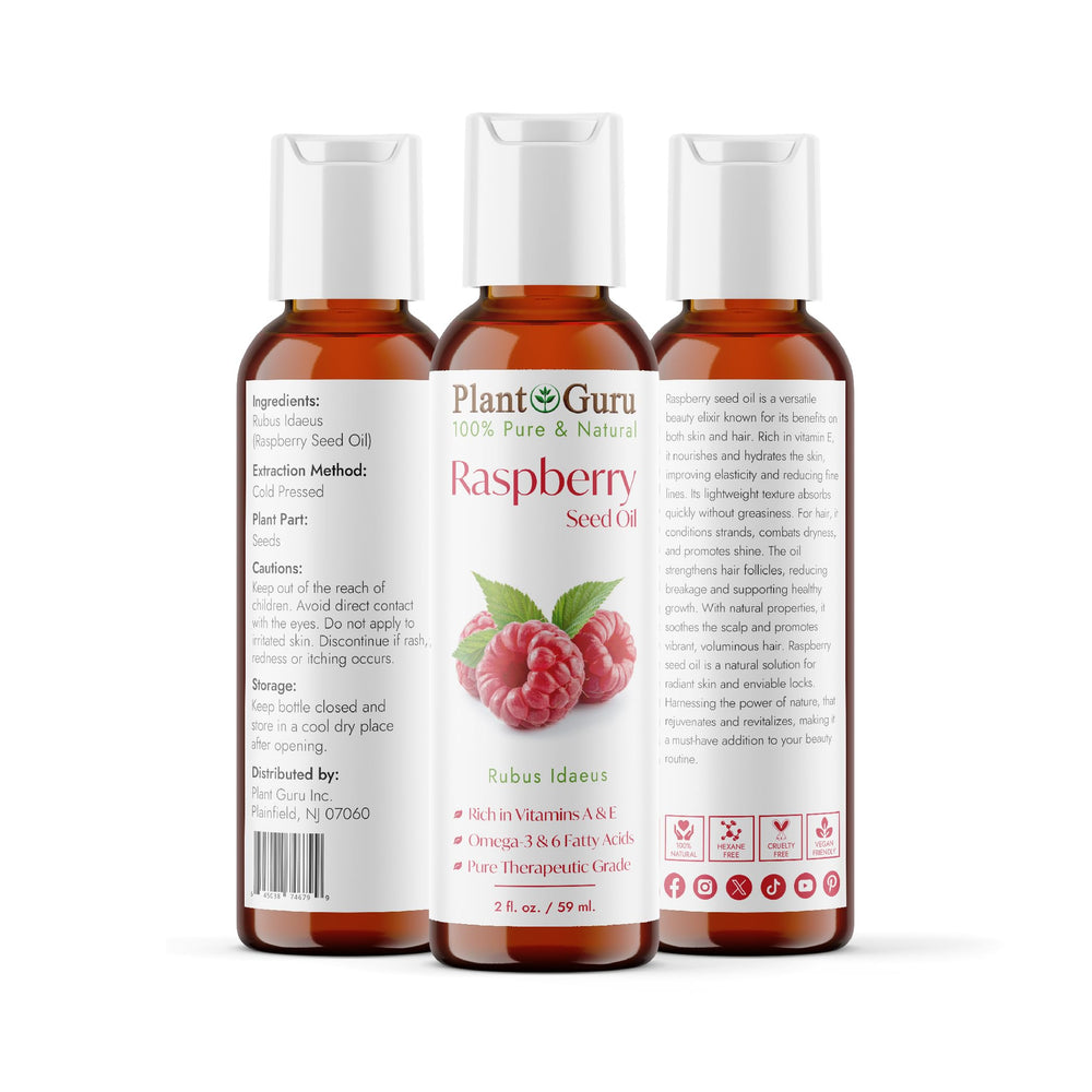 Plant Guru Aceite frambuesa rojo, textura ligera ideal para uso facial diario.