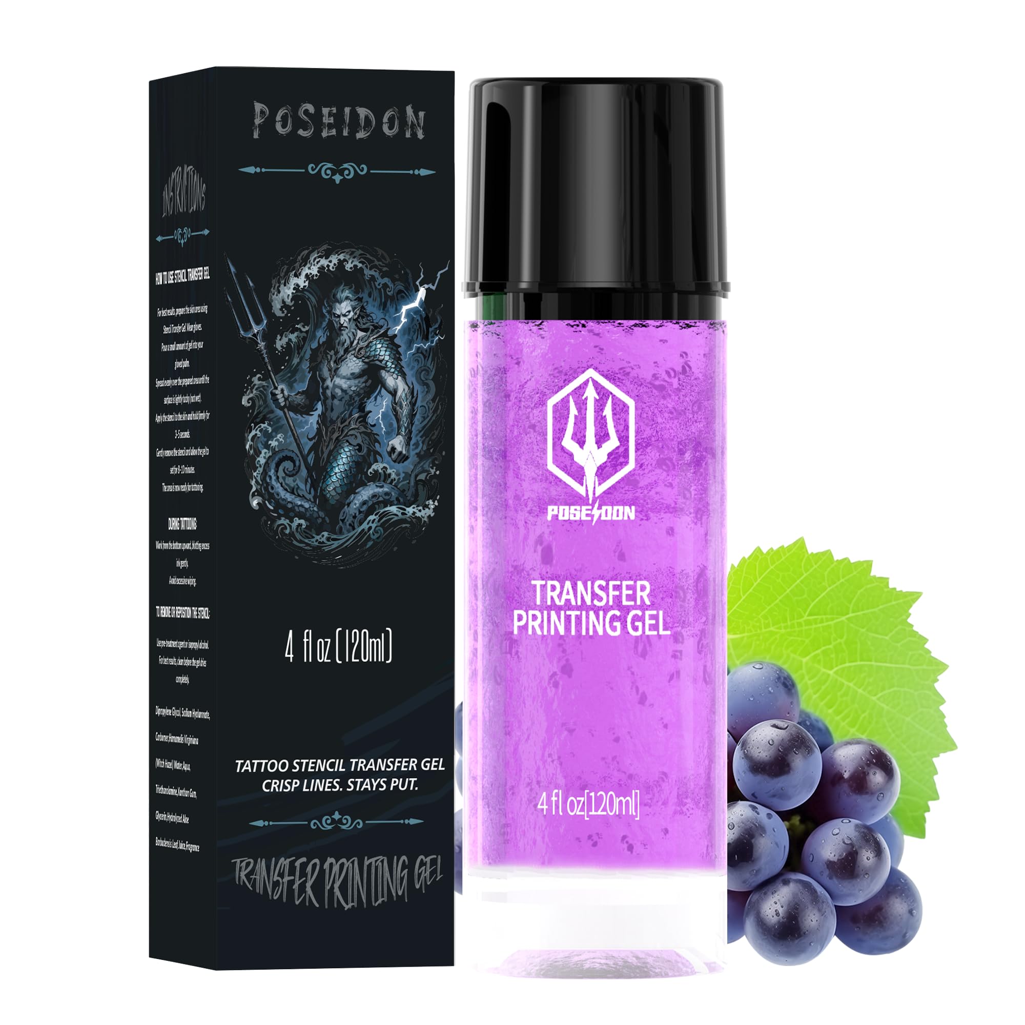 POSEIDON Tattoo Stencil Transfer Gel en botella clara para trazos nítidos.