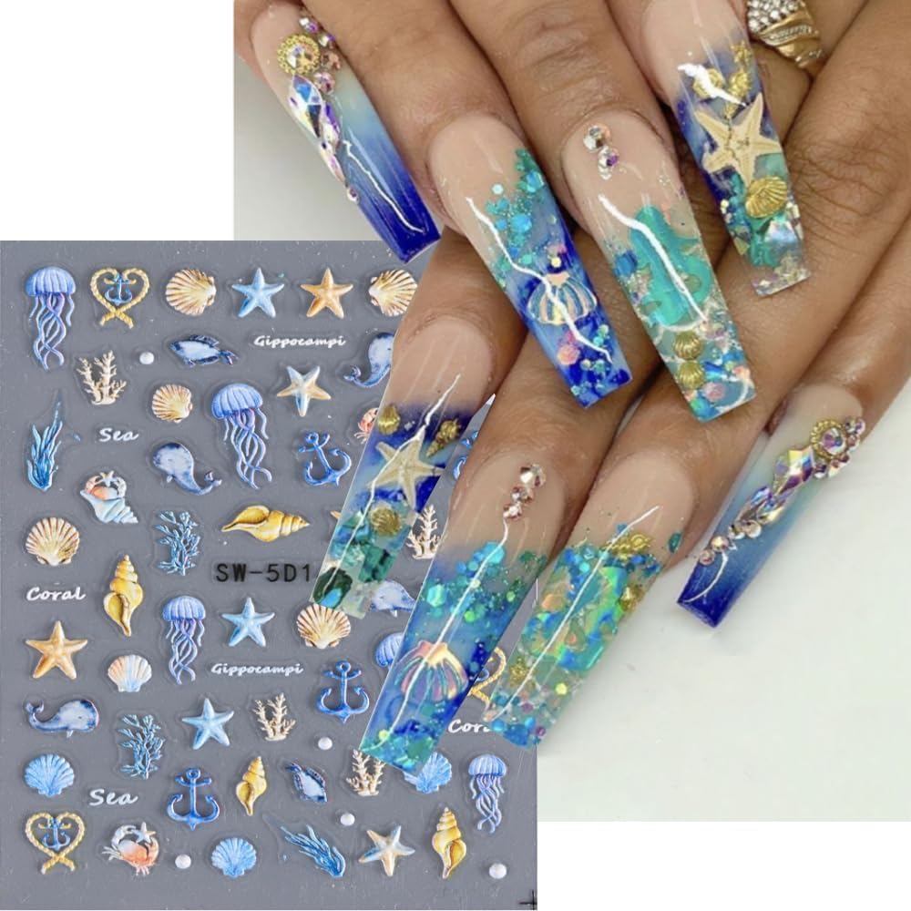 Powpop uñas marinas concha escama en relieve 3D para estilo veraniego