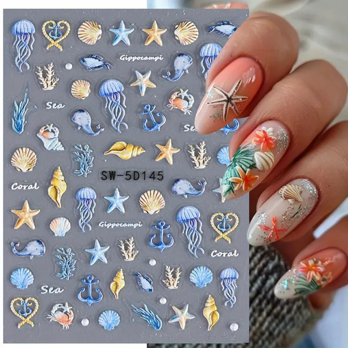 Powpop uñas marinas concha estrella en relieve 3D para acabado impresionante