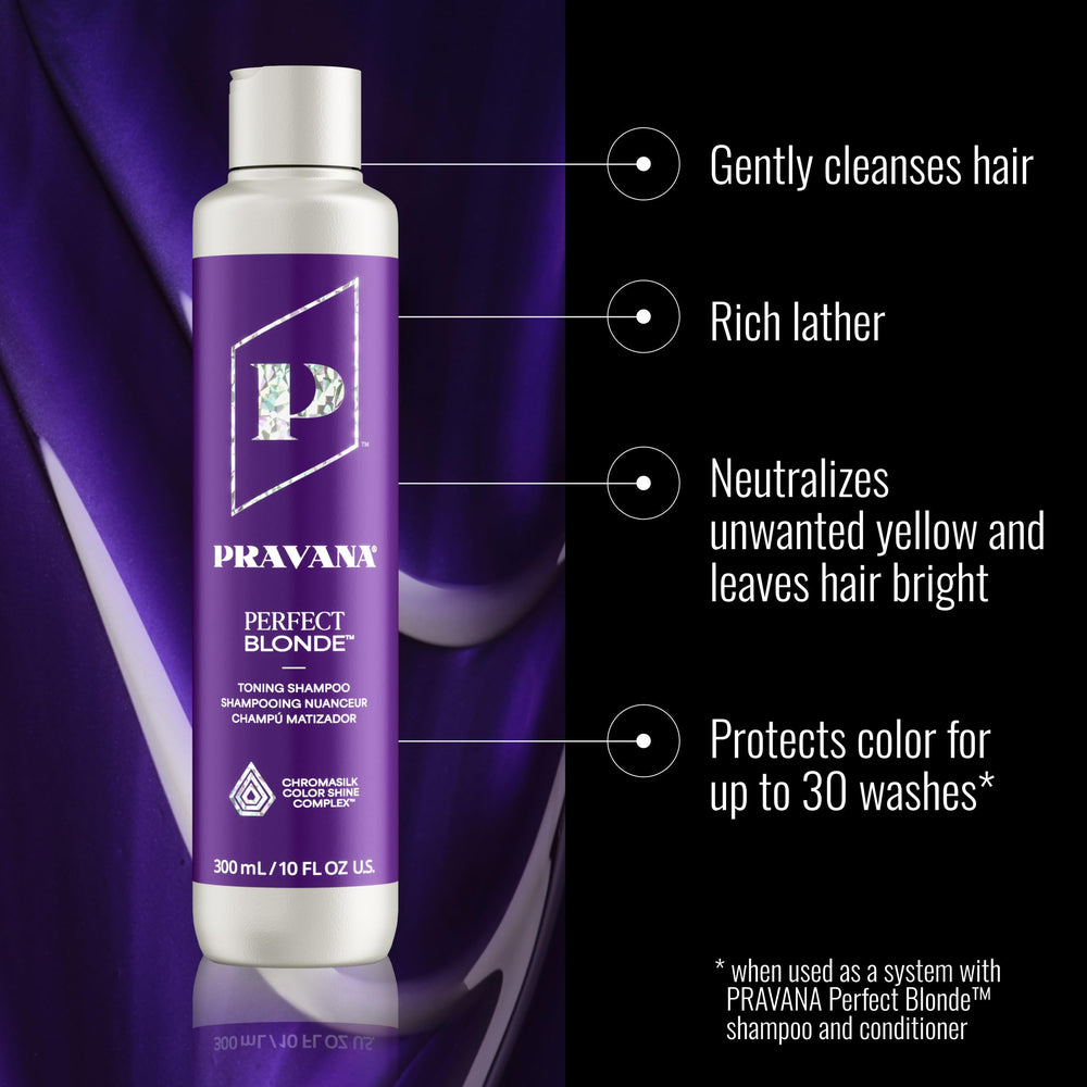 Pravana Champú Tonalizante Púrpura para Rubio, dosificador, uso cómodo para retoques en casa.