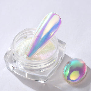 Pretty Diva polvo cromo uñas Aurora, acabado iridiscente, ideal para pruebas sin desperdicio.