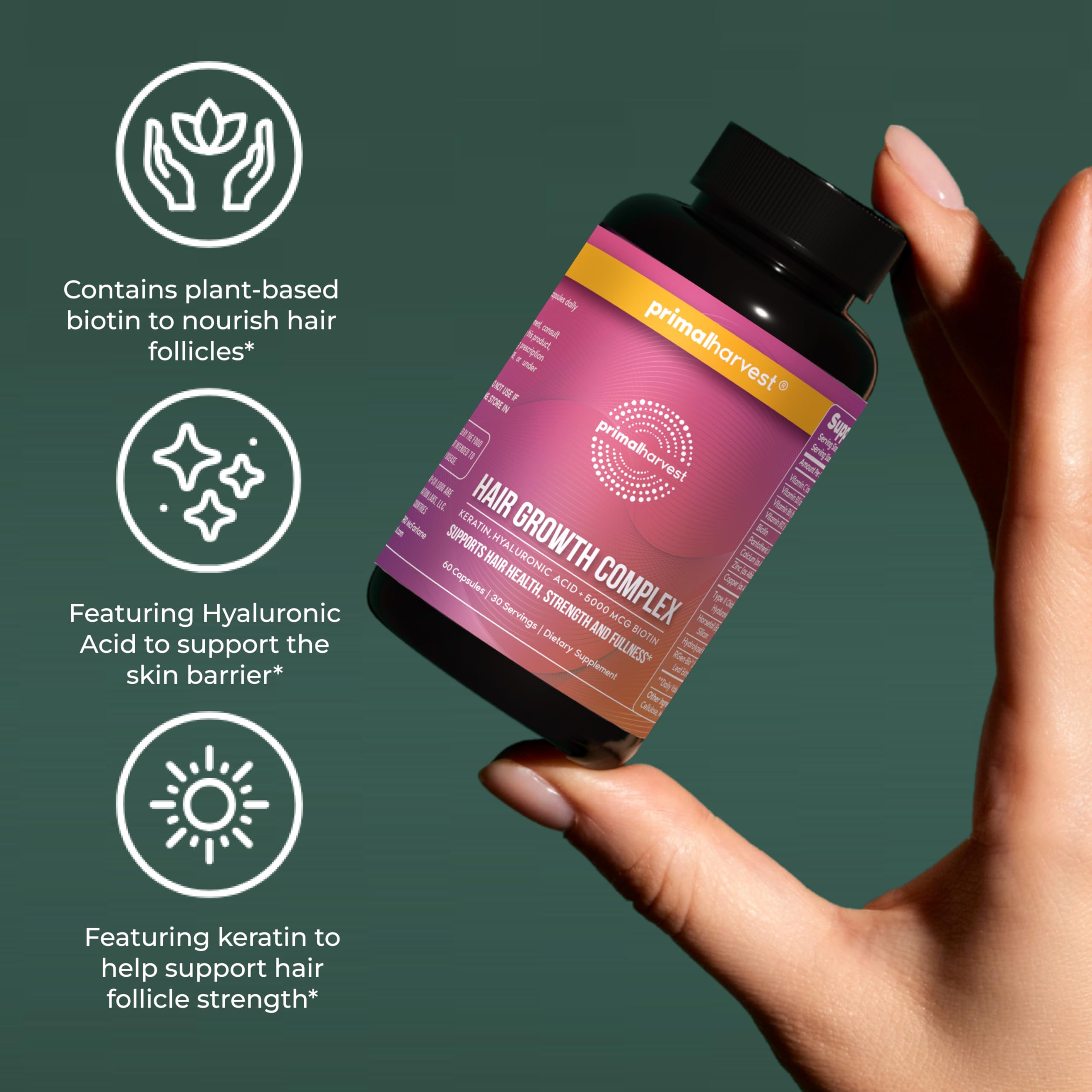 Primal Harvest hair growth vitamins capsules close-up for nourishing hair from within.