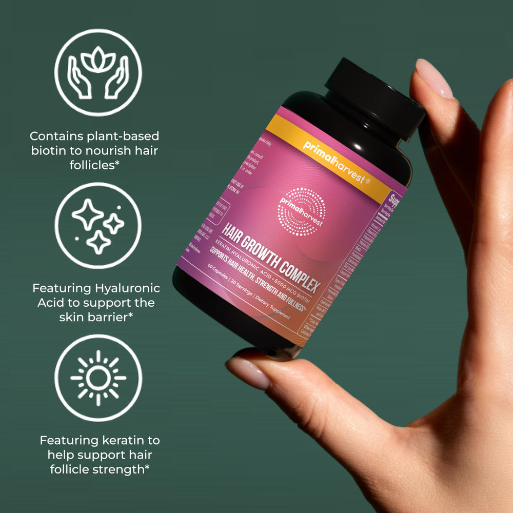 Primal Harvest hair growth vitamins capsules close-up for nourishing hair from within.