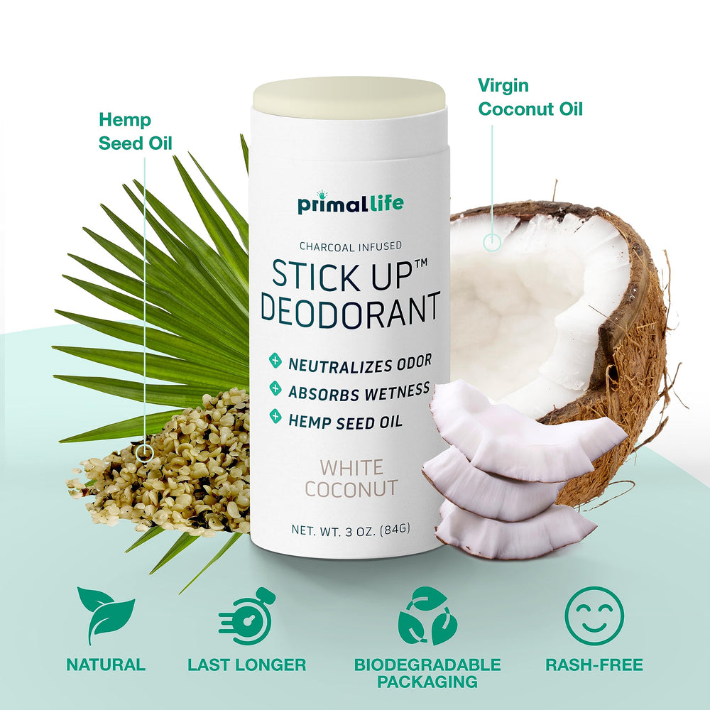 Aplicación rápida de Stick Up, desodorante natural para axilas sensibles.