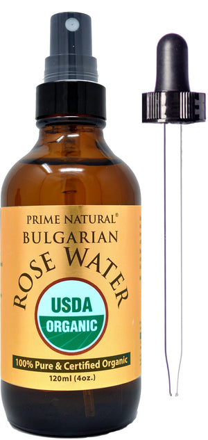Atomizador Prime Natural con agua de rosas en botella ámbar para hidratar piel y cabello