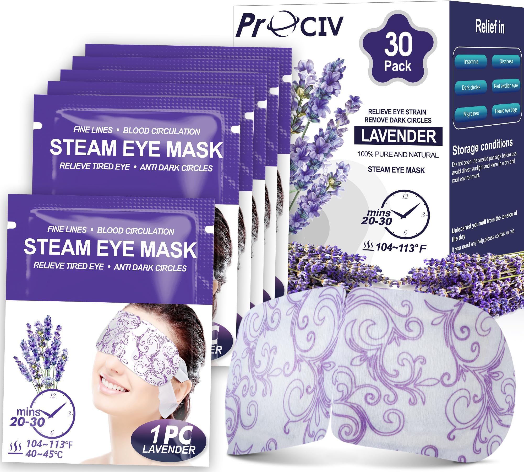 ProCIV Mascarilla Ocular de Vapor Lavanda, empaque práctico para relajación rápida.