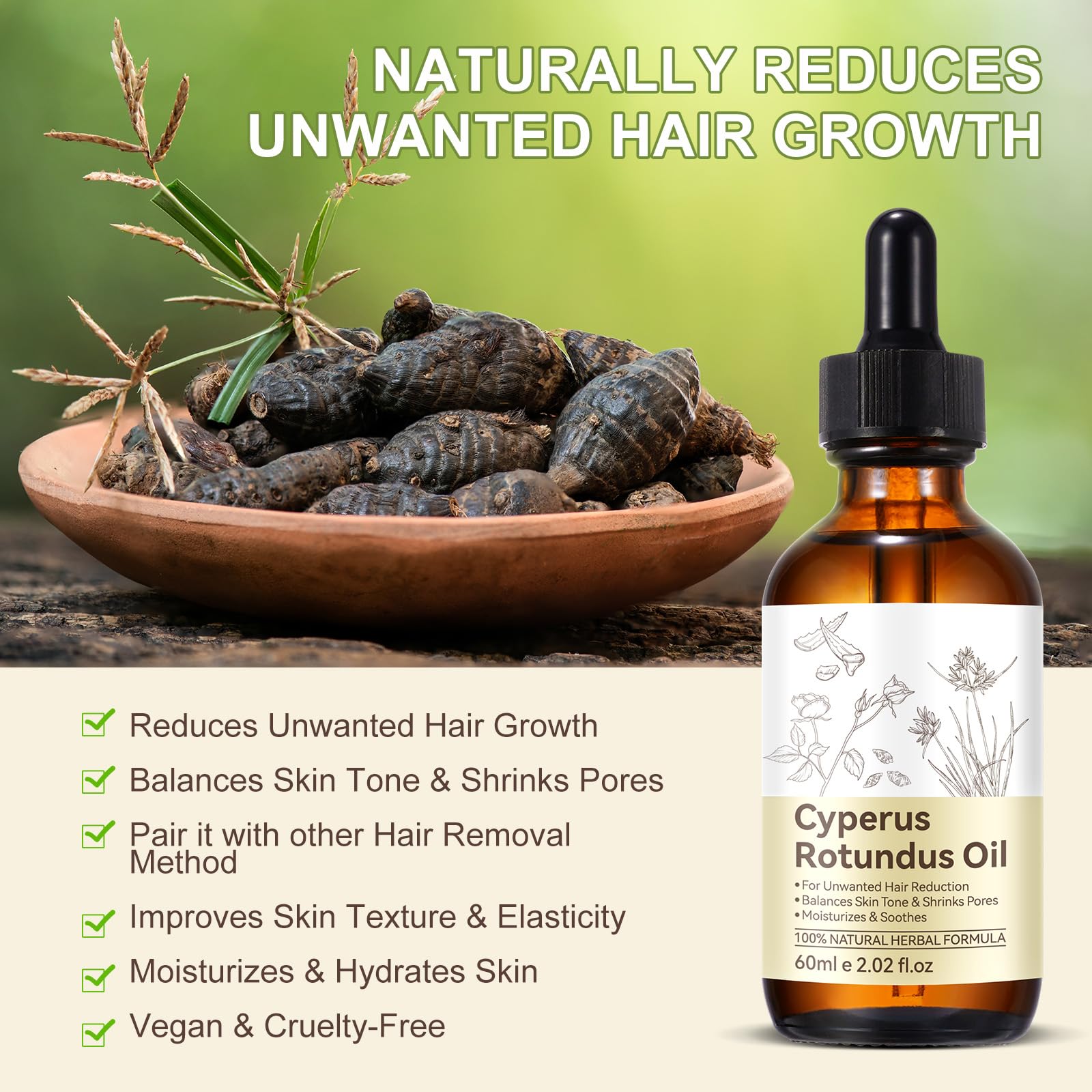 PULLING OIL Cyperus Rotundus, aplicación en zonas corporales reduce irritación.