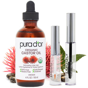 PURA D'OR aceite de ricino en botella para pestañas y cejas más saludables.