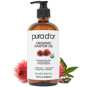 PURA D'OR Aceite de ricino orgánico en botella de cristal para hidratar piel y cabello