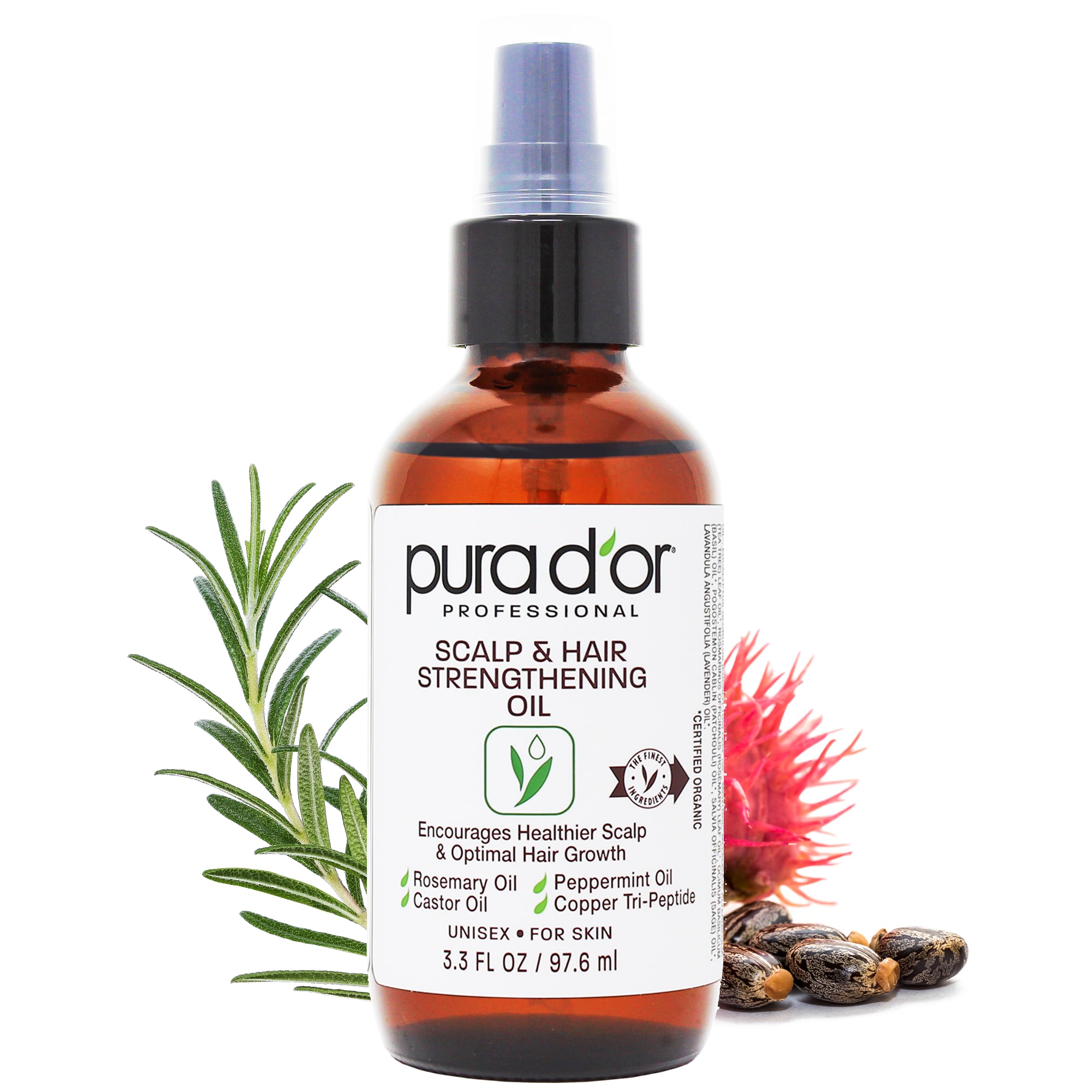 PURA D'OR Aceite estimulante para cabello, botella visible, ayuda a fortalecer mechones