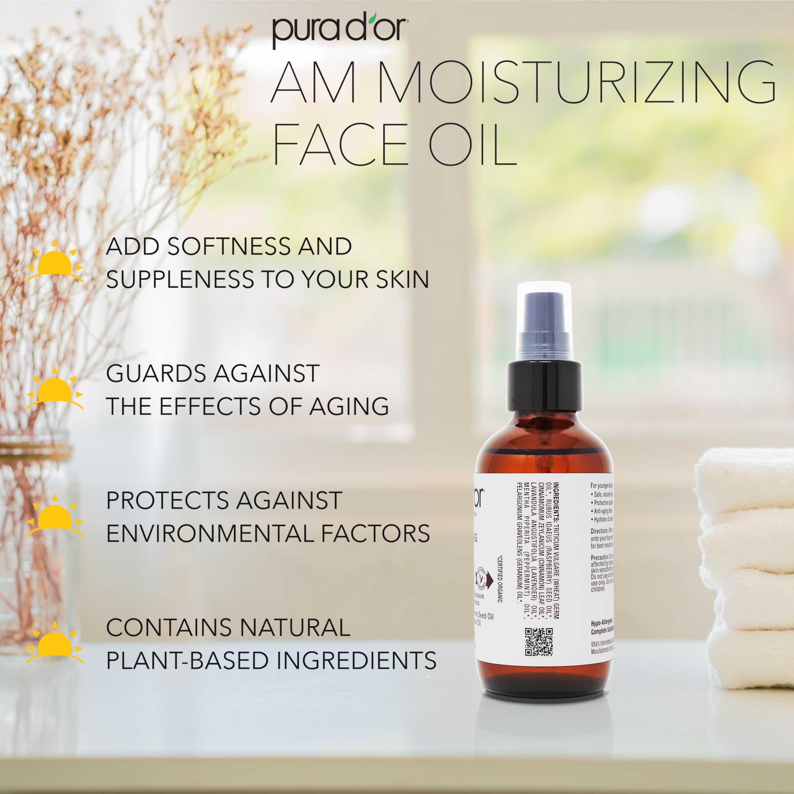 PURA D'OR AM Face Oil, ingredientes-clave: trigo germen, arándano y lavanda.