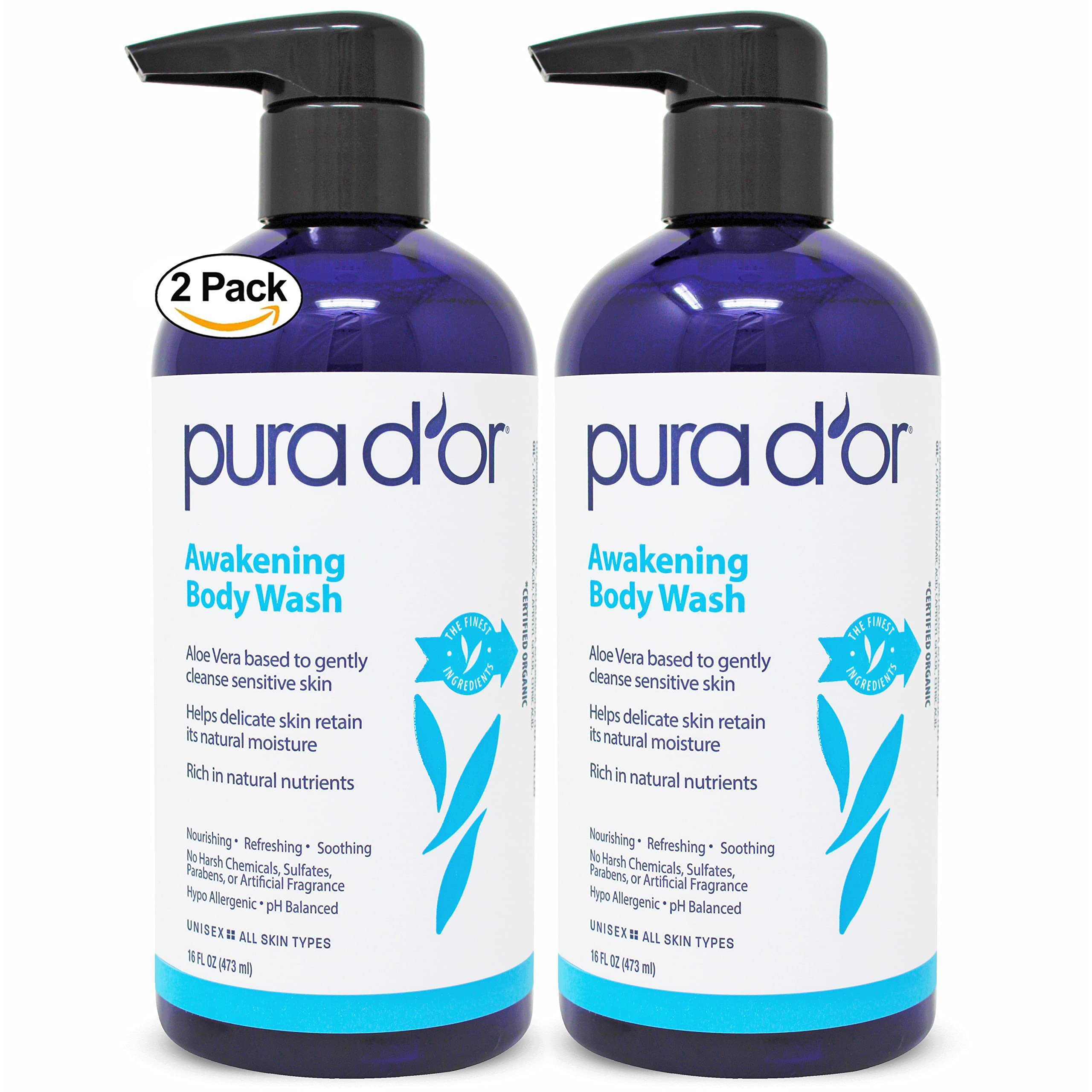 PURA D'OR Awakening: botella vertiendo, limpieza suave diaria para piel sensible.