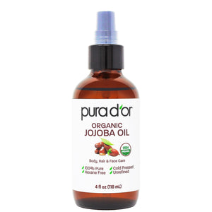 PURA D'OR Aceite de jojoba orgánico en botella, hidratación profunda para piel y cabello.