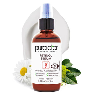 PURA D'OR Retinol Serum, botella nocturna, hidratación suave para piel descansada.