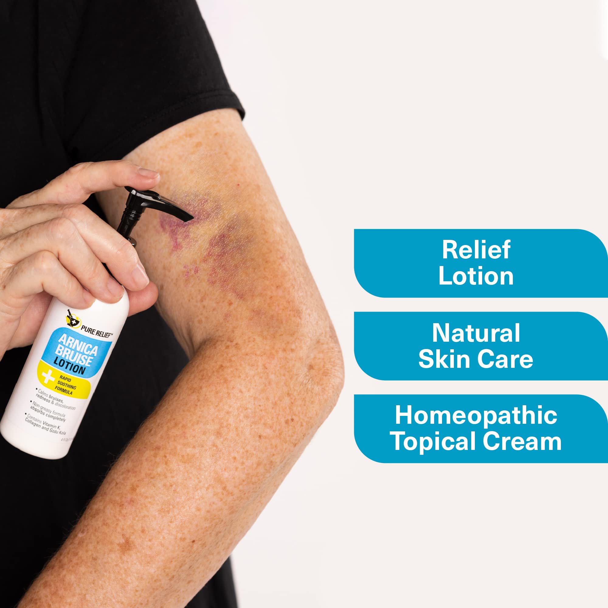 Pure Relief Arnica Crema, aplicación en mano, calma la piel tras golpes leves.