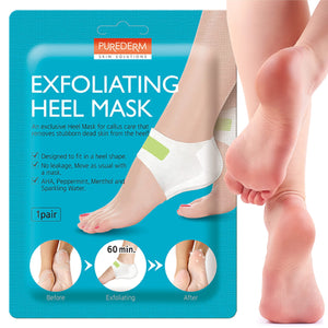 Purederm mascarilla exfoliante para talones en empaque, ideal para preparación de cuidado en casa