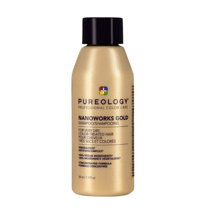 Pureology Nanoworks Gold Champú: botella visible, tono dorado, protege color y suaviza el cabello.