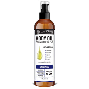 pureSCRUBS: botella de aceite corporal sin fragancia para piel sensible.