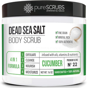 PureSCRUBS exfoliante corporal de pepino 16oz para piel suave y radiante.