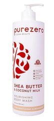 Purezero botella de ducha con manteca de karité y leche de coco para hidratación suave.