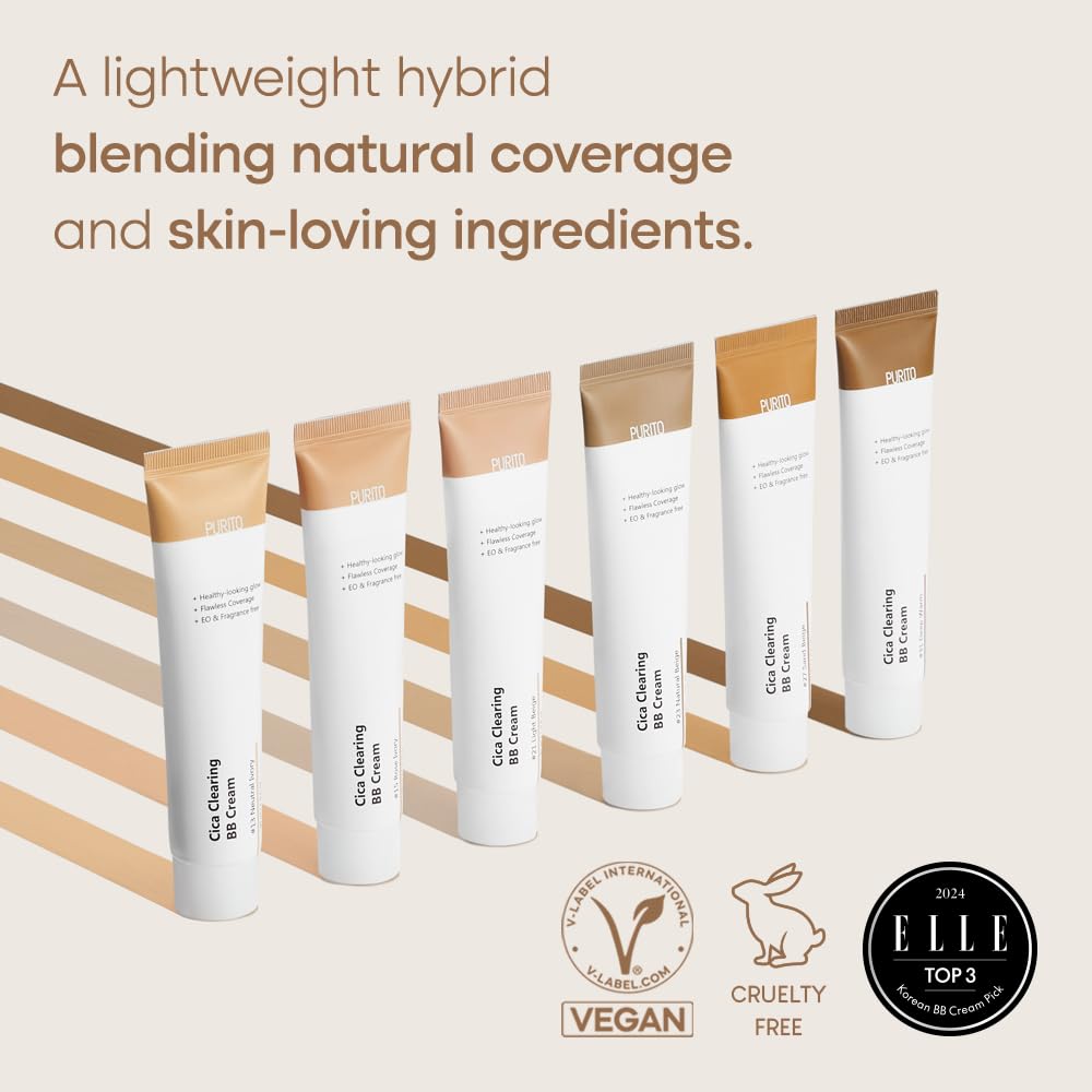 Purito Cica Clearing BB Cream 21, brillo suave en piel sin sensación pesada.