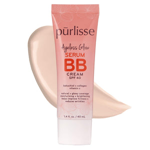 Pūrlisse Ageless Glow Serum BB Cream SPF 40, botella frontal, tono claro para piel radiante.