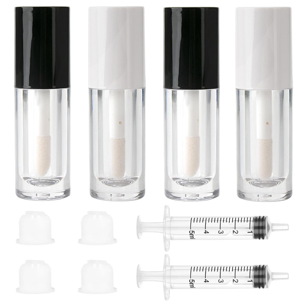 Qeuly brillo labial 6 ml con tapa negra, ideal para viajes y rellenado fácil.