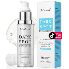 Sérum QGGQ: botella vertiendo producto para manchas en cara y cuerpo.