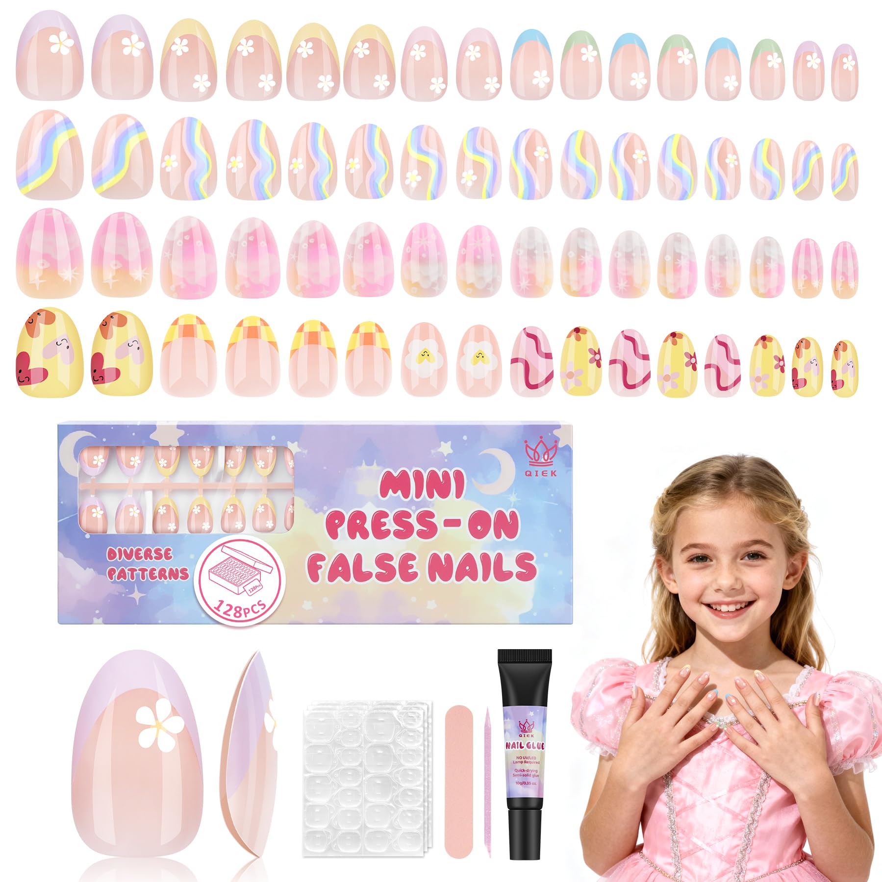 QIEK uñas para niñas 128 piezas, kit completo para juego y estilo.