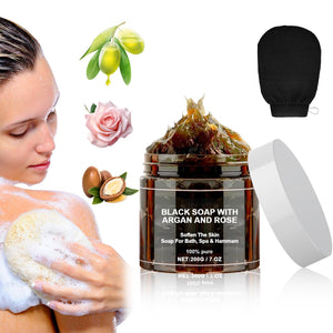 QiFind jabon negro Marruecos con argán y rosa para piel suave.