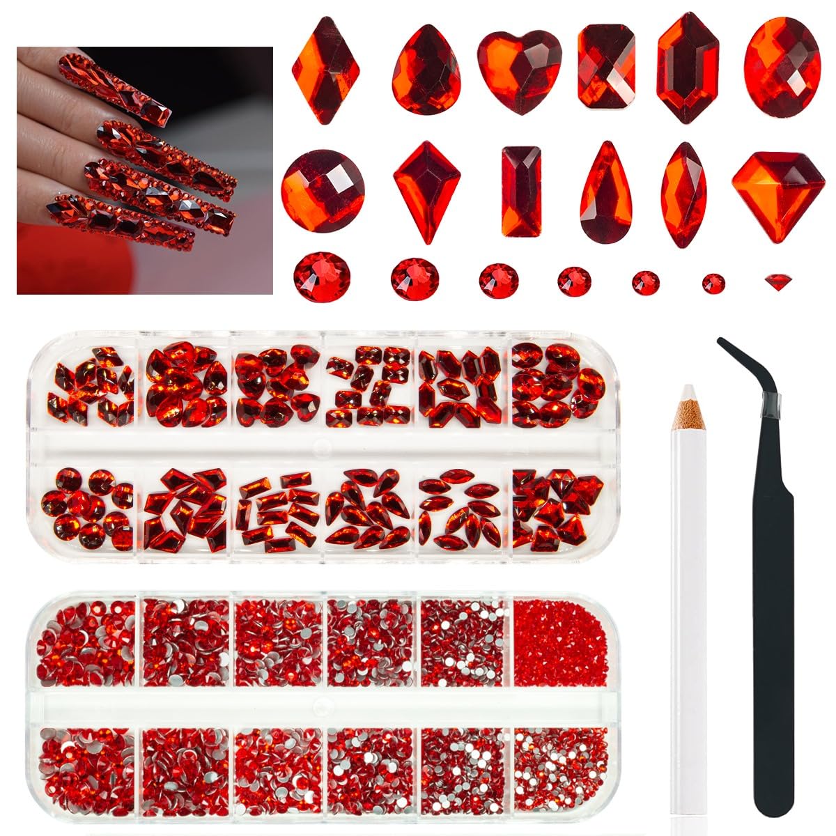 qiipii 4080Pcs cristales rojos para uñas, formas múltiples para diseños brillantes