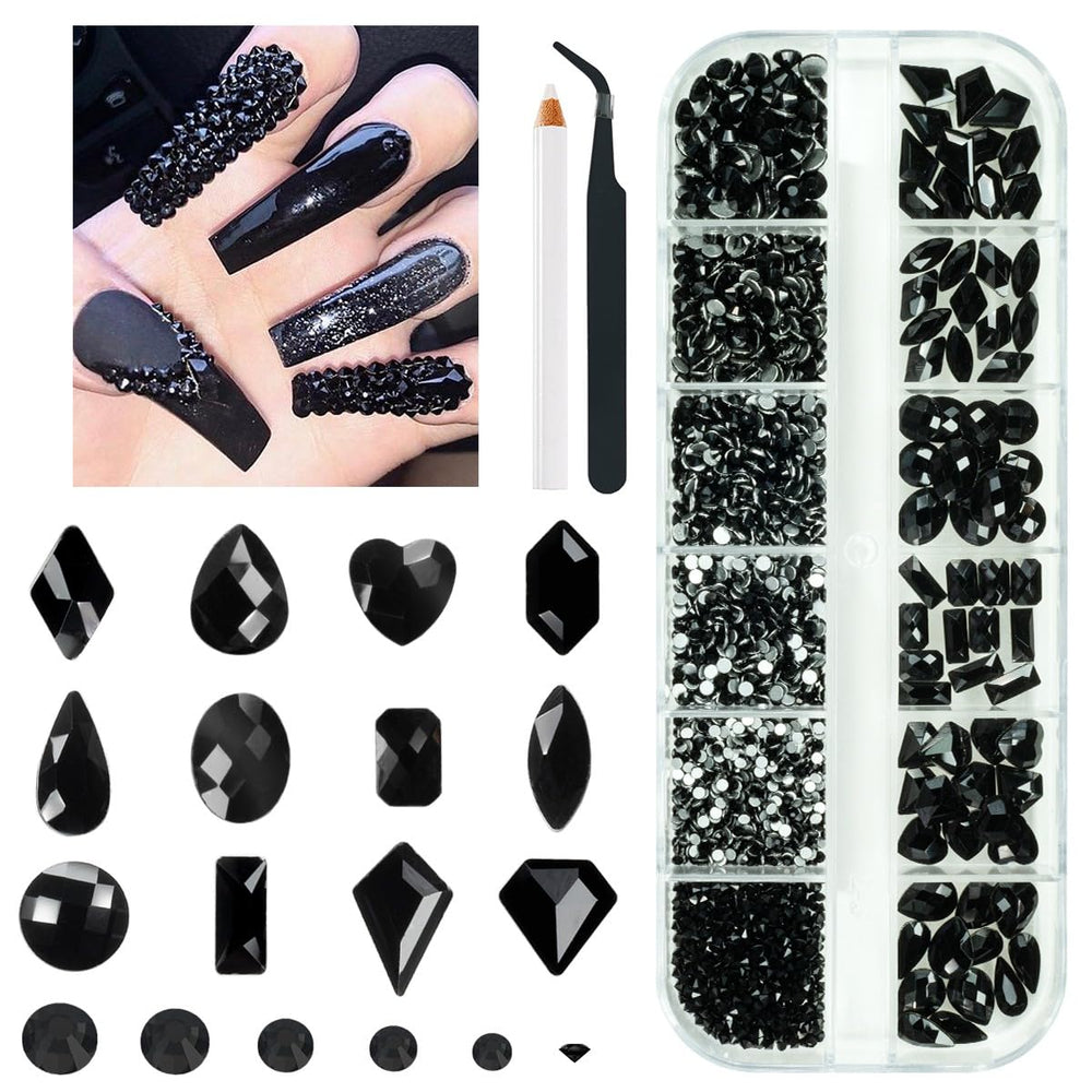 Qiipii cristales negros para uñas con 12 formas planas, brillo durable